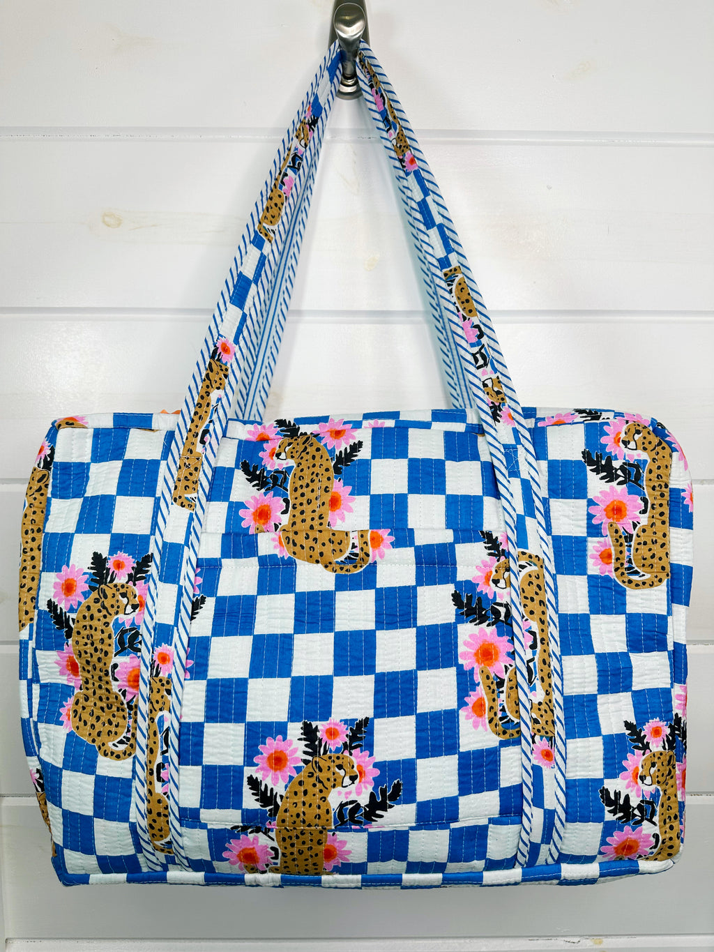 Blue Checkered Jaguar Print Quilted Weekender Overnight Bag
