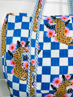 Blue Checkered Jaguar Print Quilted Weekender Overnight Bag