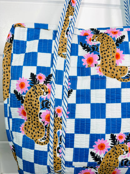 Blue Checkered Jaguar Print Quilted Weekender Overnight Bag