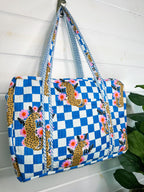 Blue Checkered Jaguar Print Quilted Weekender Overnight Bag