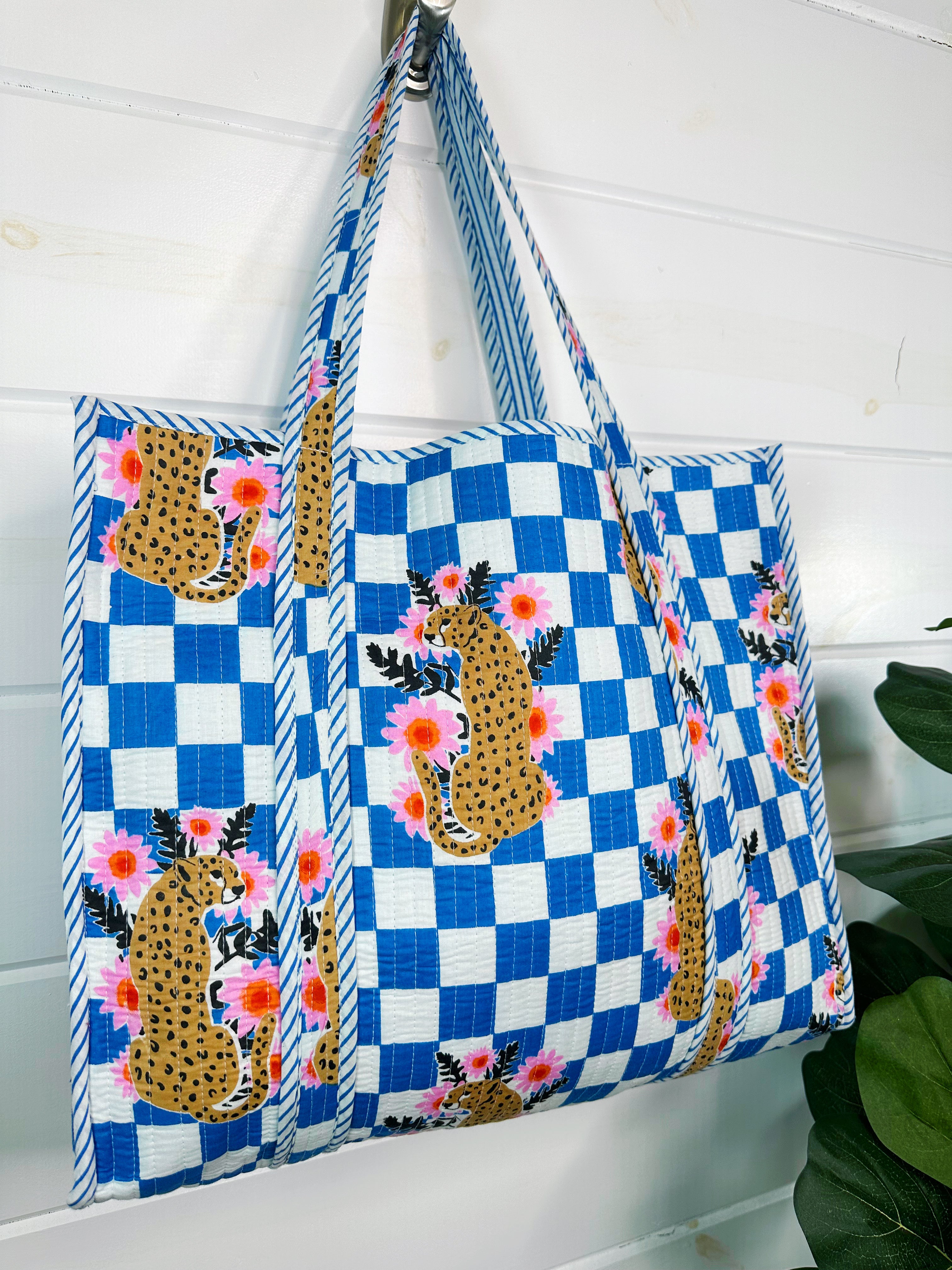 Blue Checkered Jaguar Print Quilted Cotton Tote Bag