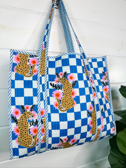 Blue Checkered Jaguar Print Quilted Cotton Tote Bag