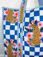 Blue Checkered Jaguar Print Quilted Cotton Tote Bag