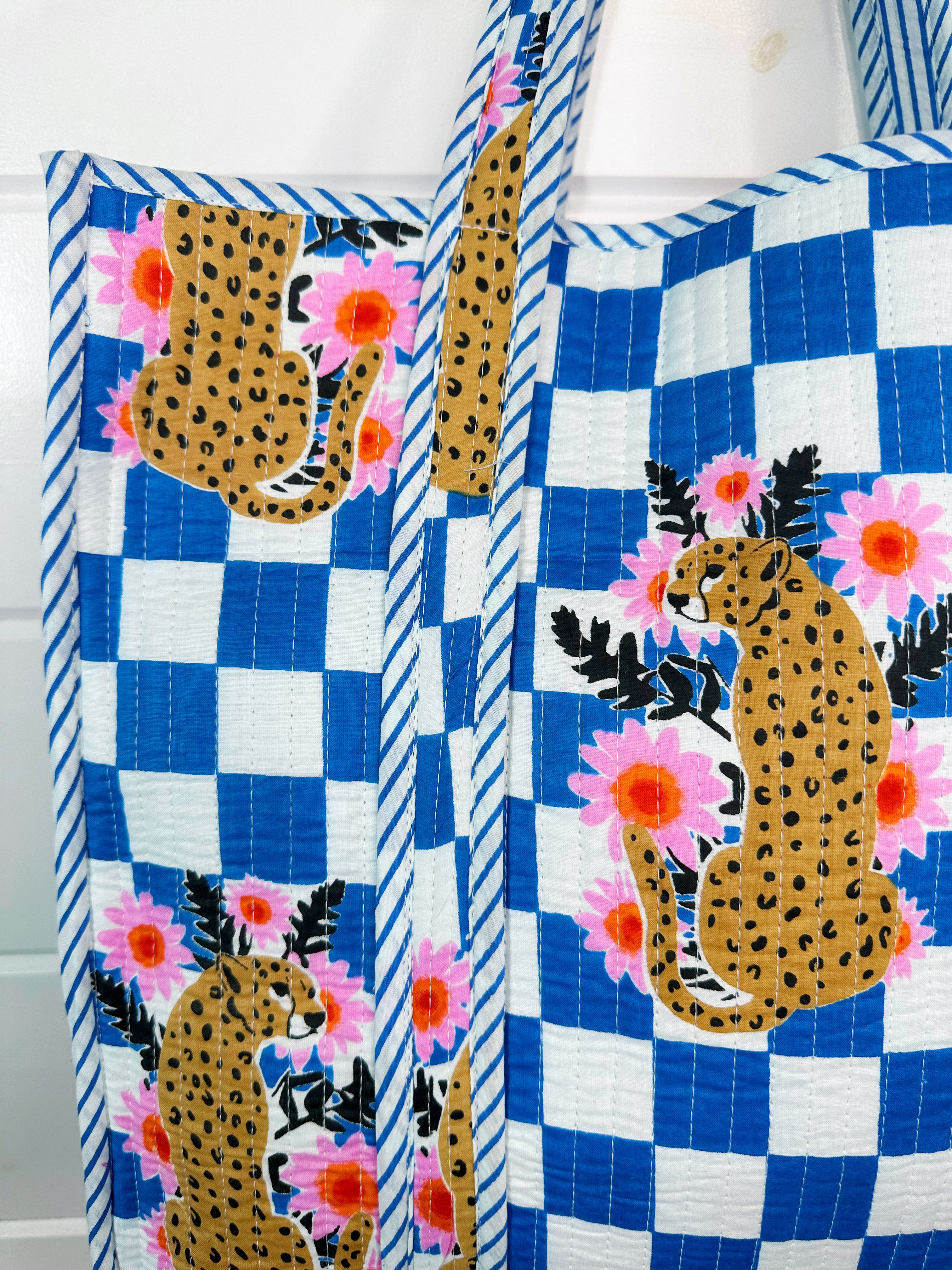 Blue Checkered Jaguar Print Quilted Cotton Tote Bag
