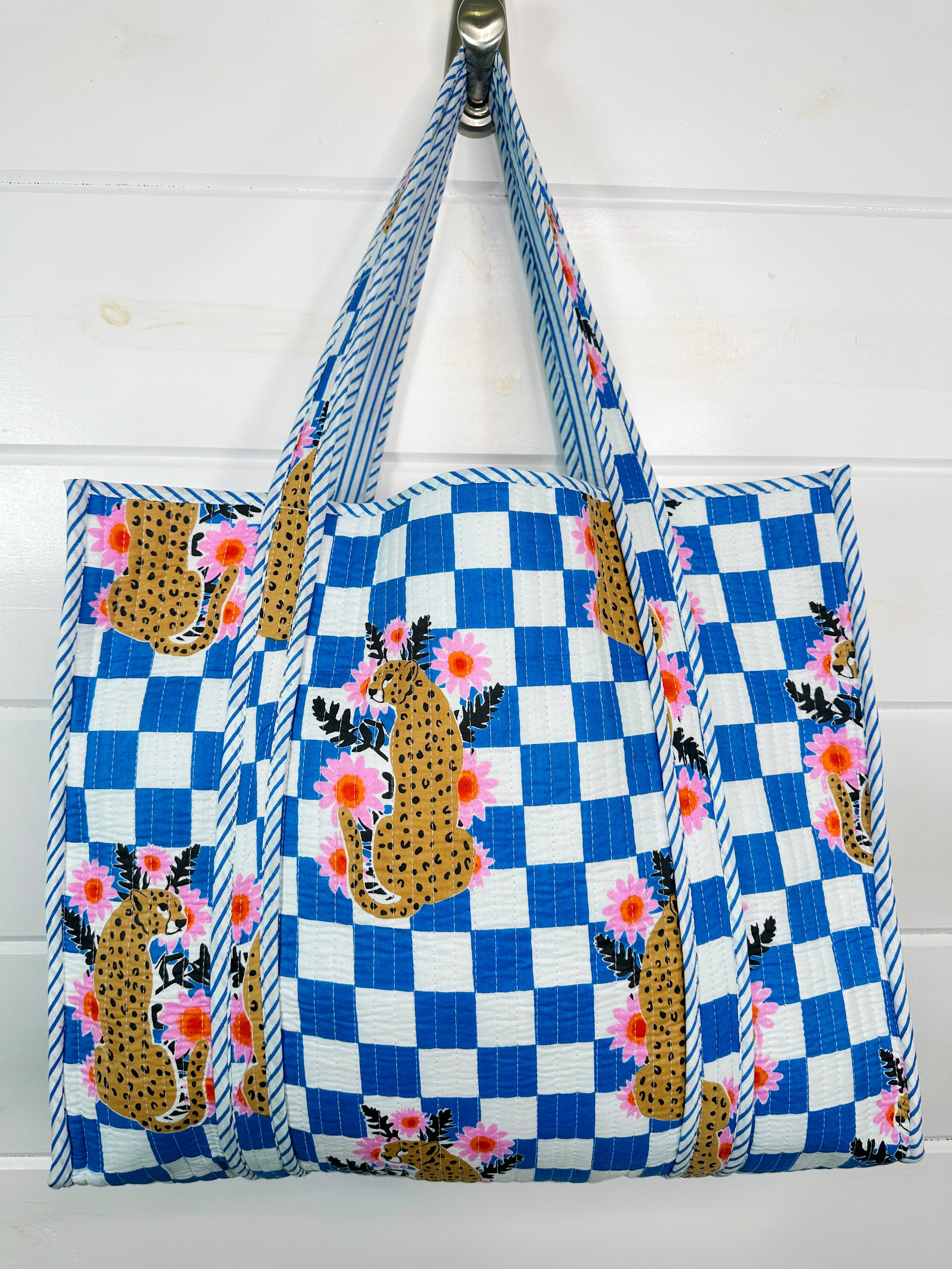 Blue Checkered Jaguar Print Quilted Cotton Tote Bag