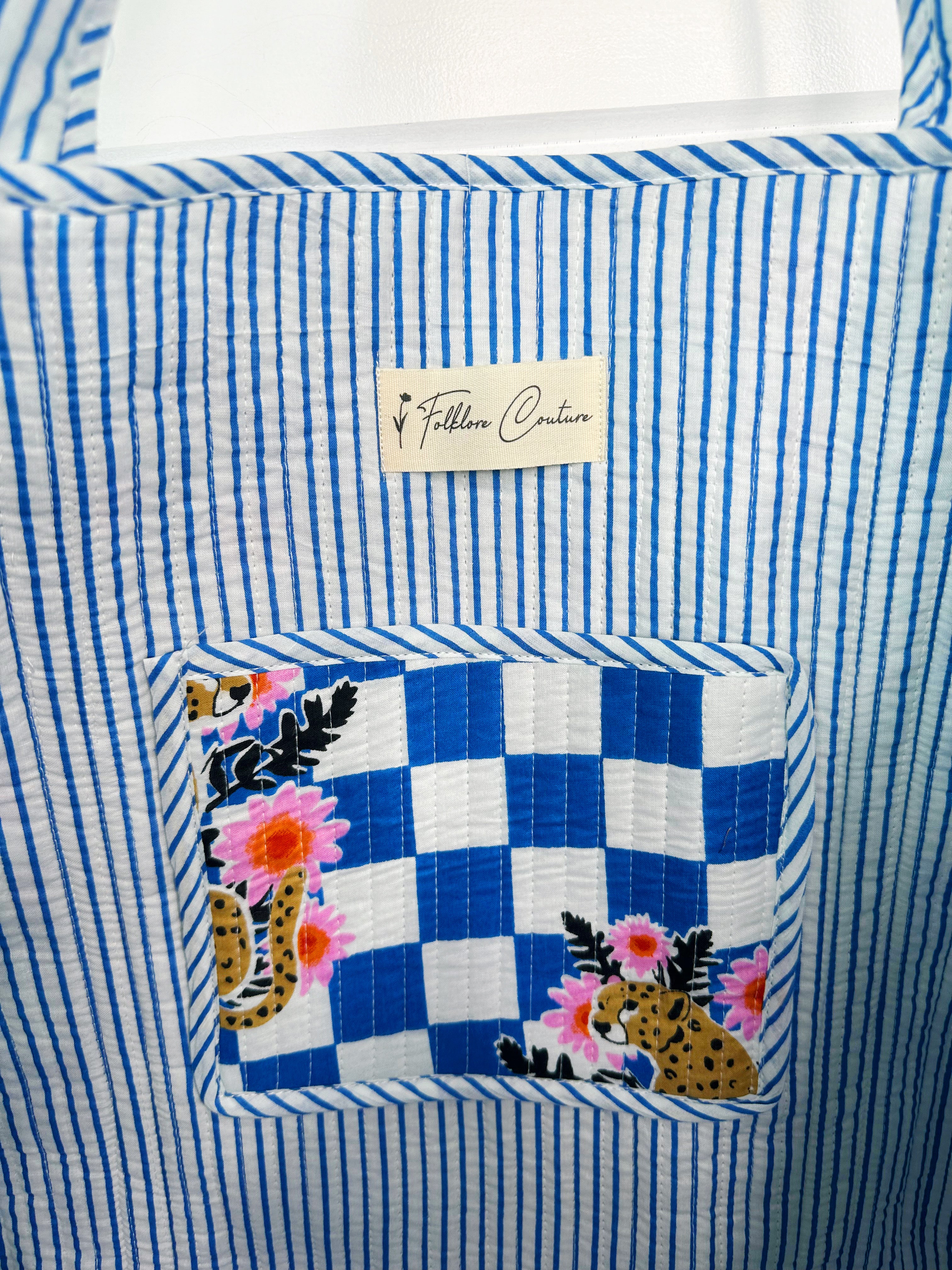 Blue Checkered Jaguar Print Quilted Cotton Tote Bag