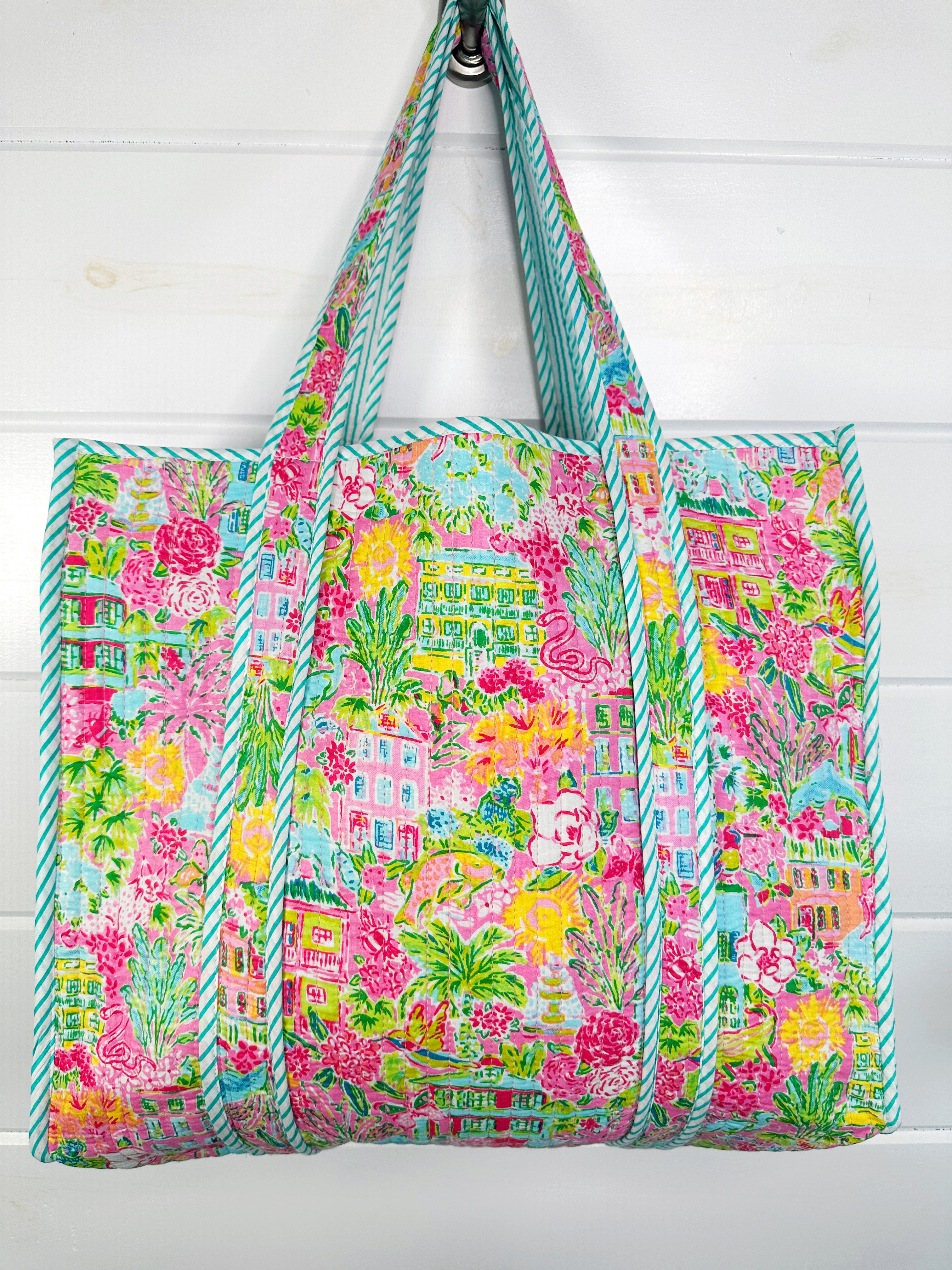 Quilted Cotton Reversible Large Tote Bag - Tropical Southern Town Print