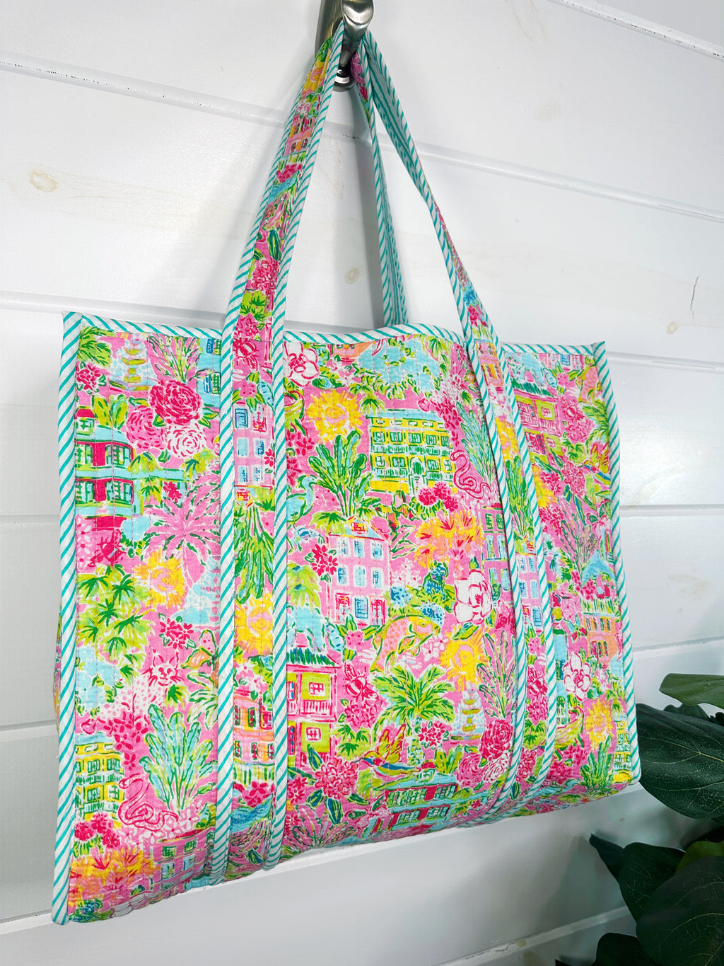 Quilted Cotton Reversible Large Tote Bag - Tropical Southern Town Print