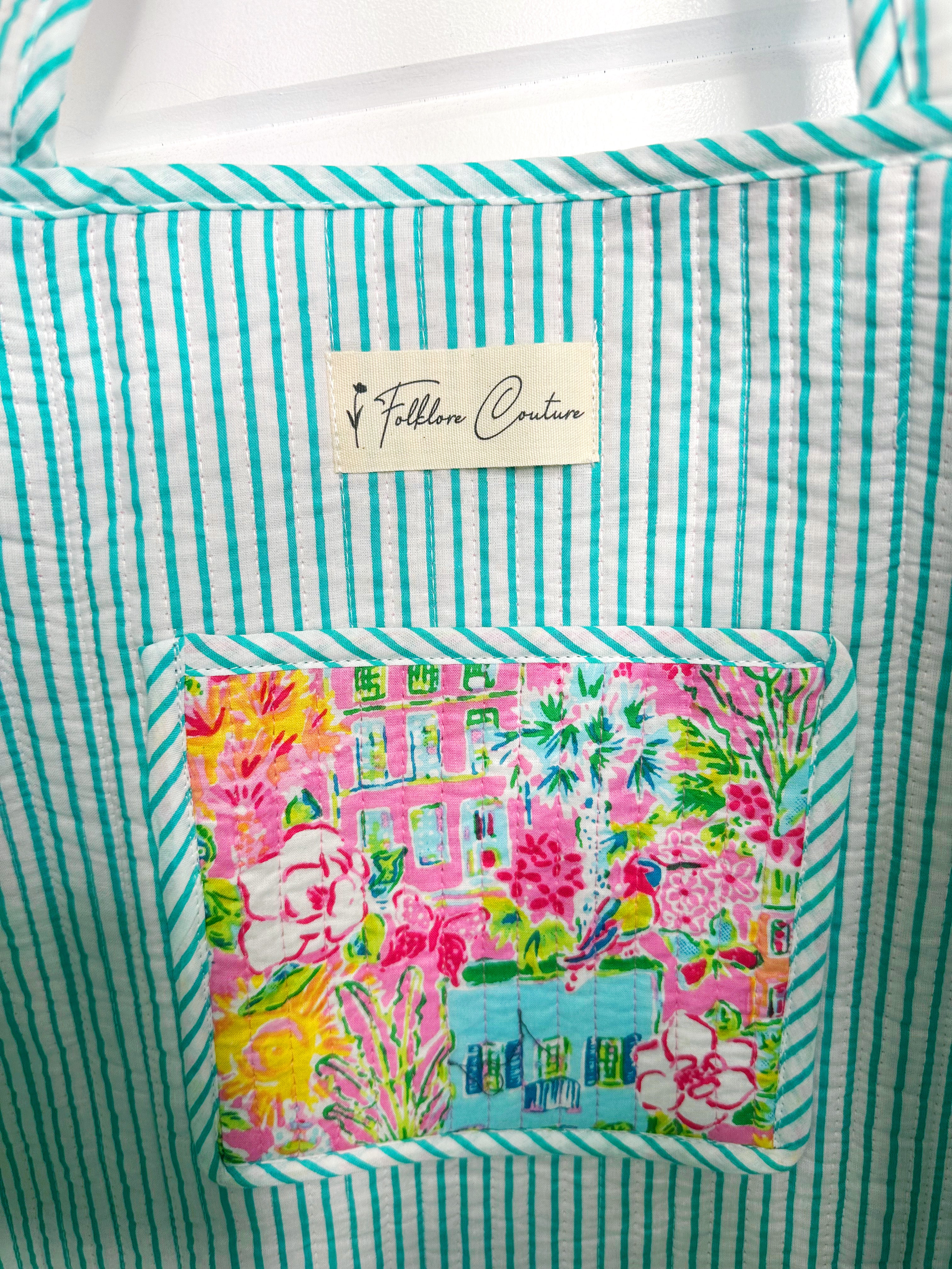 Quilted Cotton Reversible Large Tote Bag - Tropical Southern Town Print