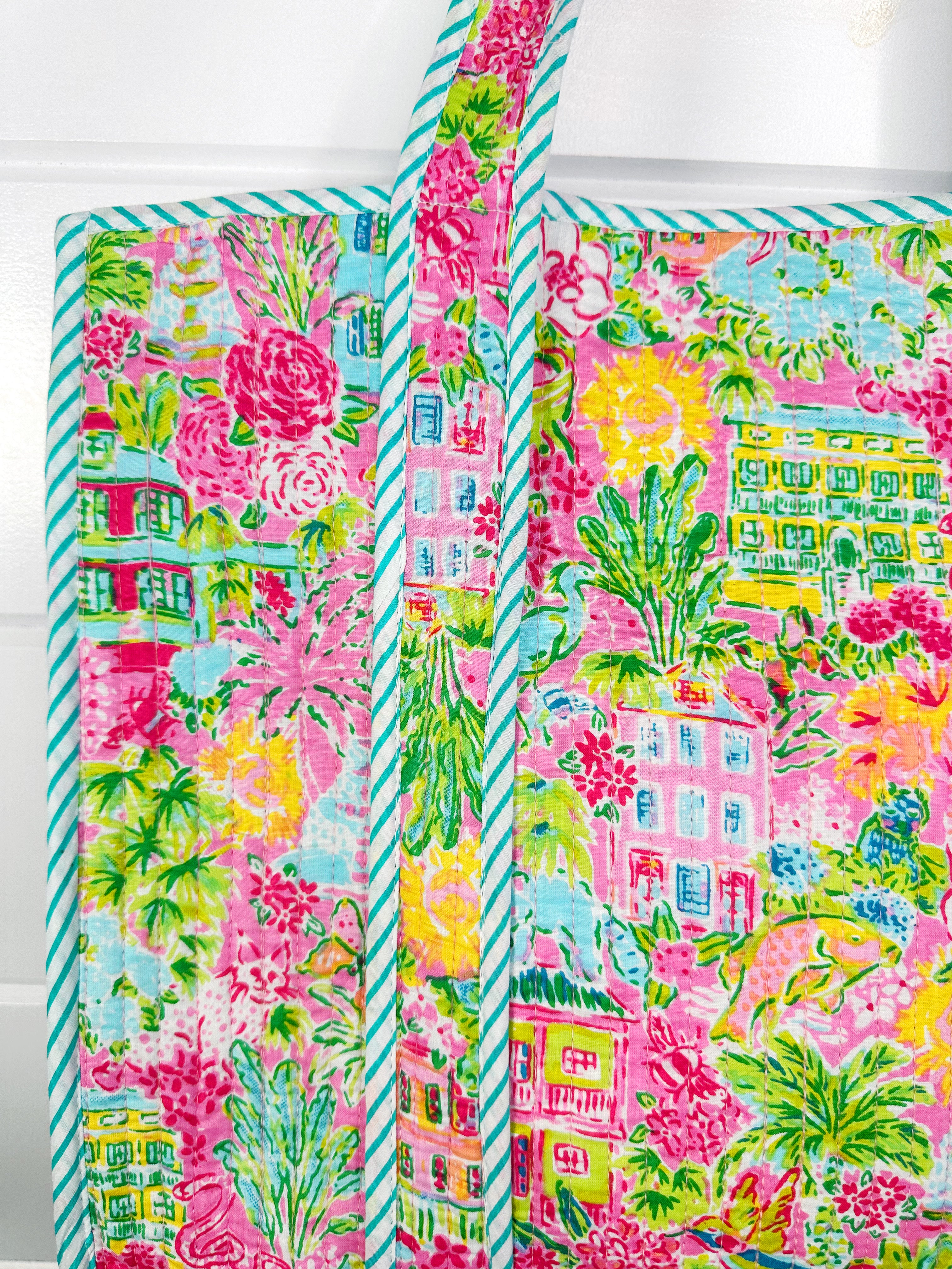 Quilted Cotton Reversible Large Tote Bag - Tropical Southern Town Print