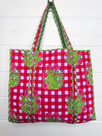 Large Quilted Travel Tote Bag - Pink Green Checkered Tiger Print