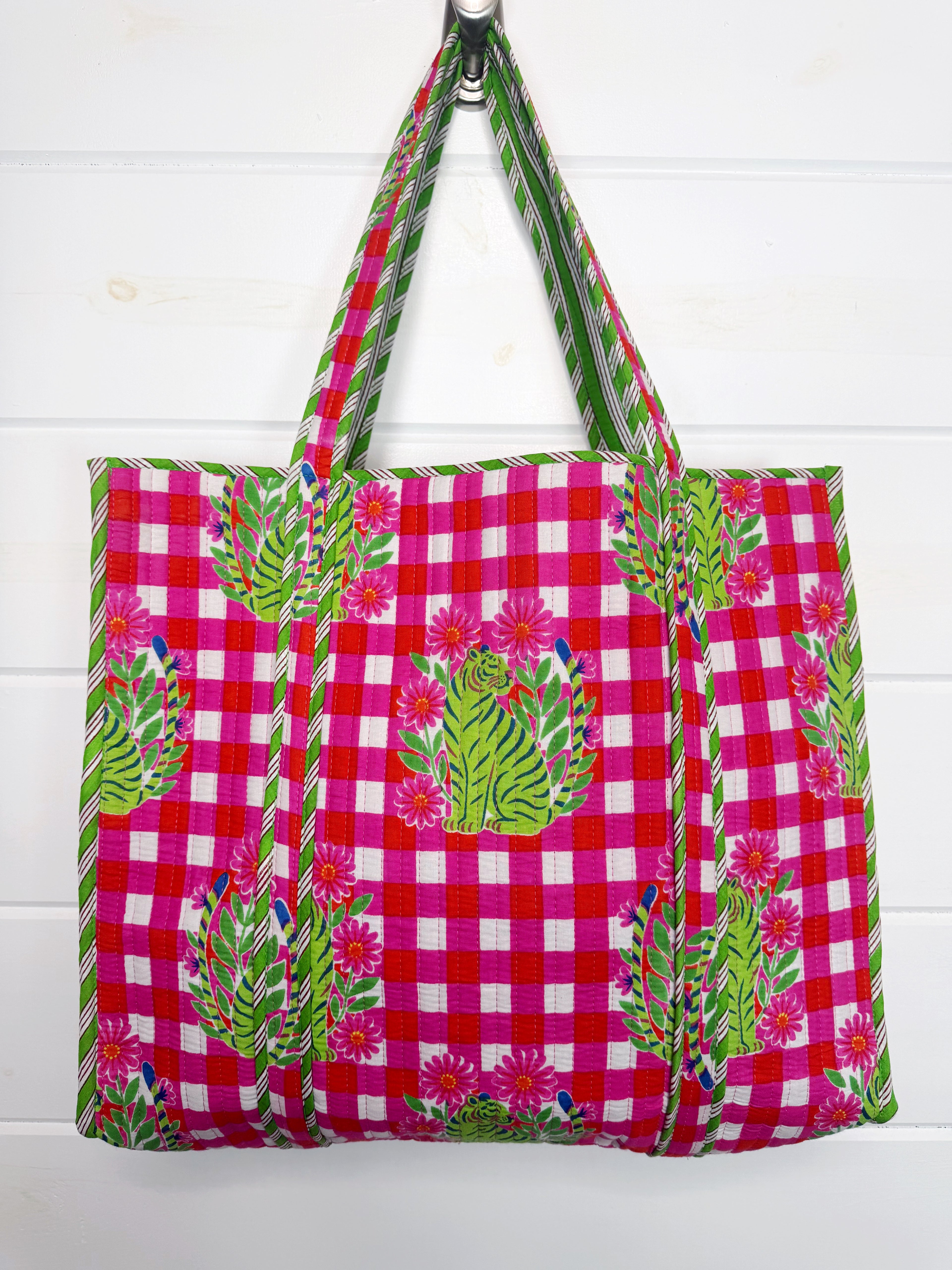 Large Quilted Travel Tote Bag - Pink Green Checkered Tiger Print