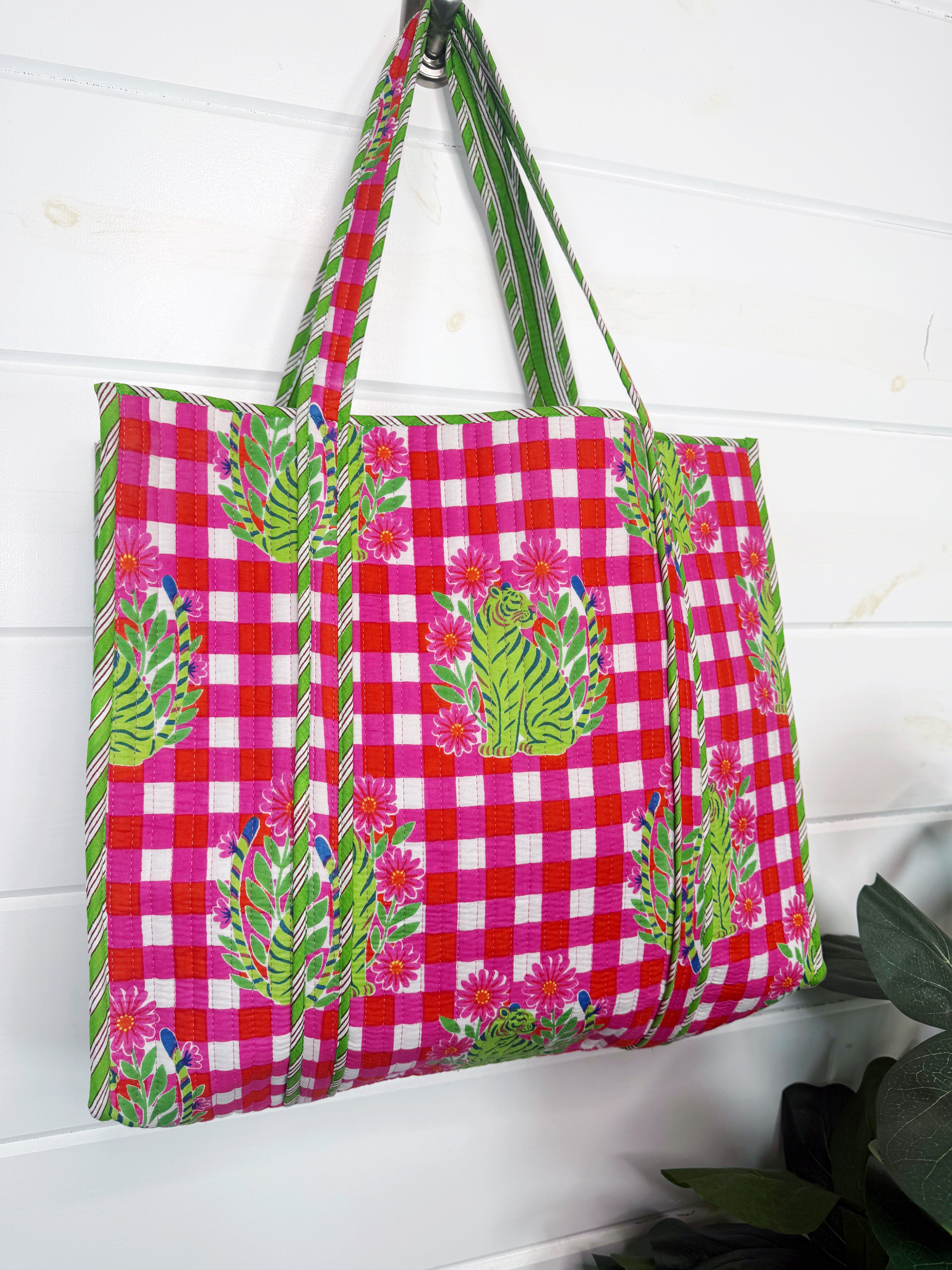 Large Quilted Travel Tote Bag - Pink Green Checkered Tiger Print