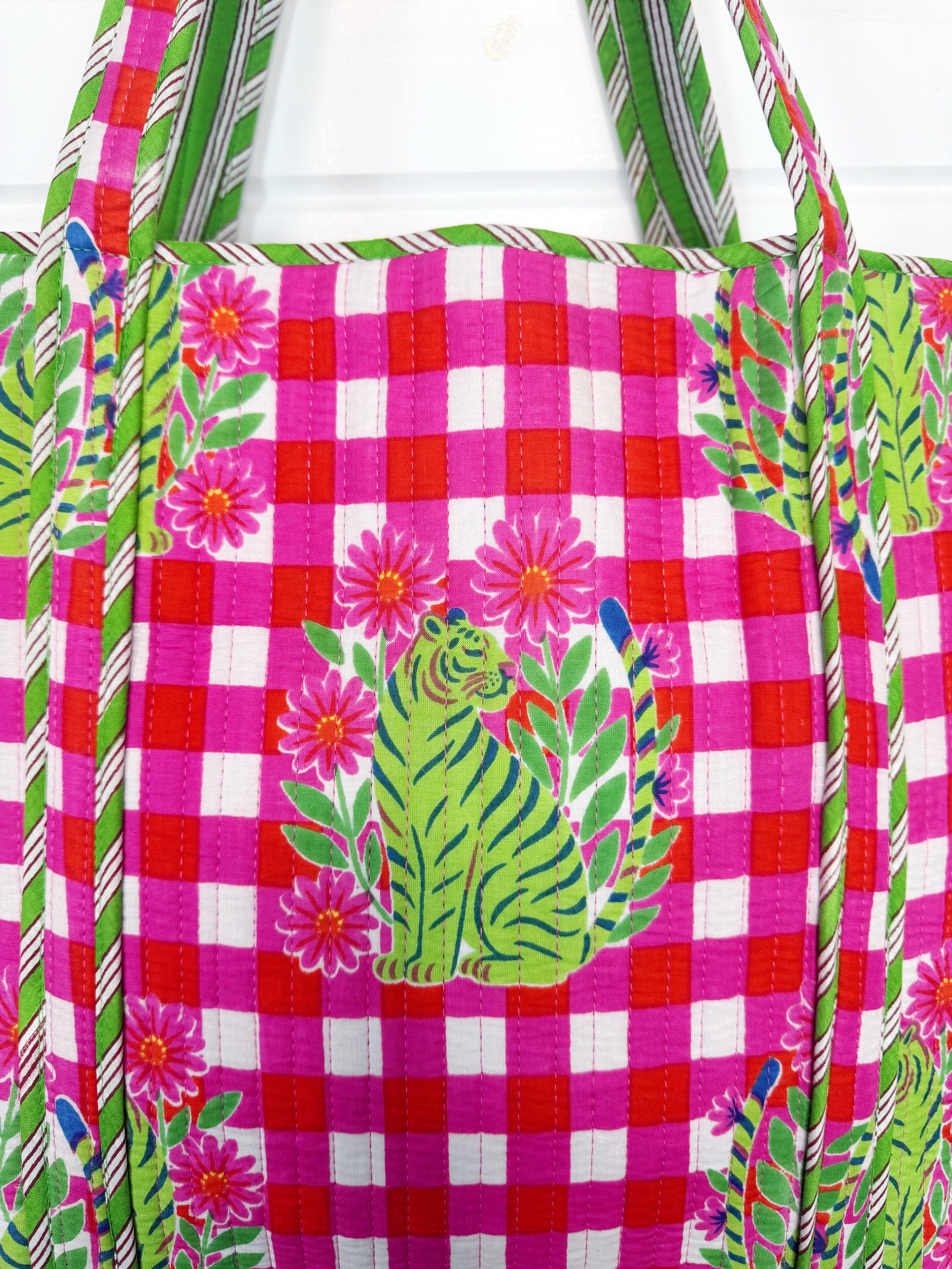 Large Quilted Travel Tote Bag - Pink Green Checkered Tiger Print