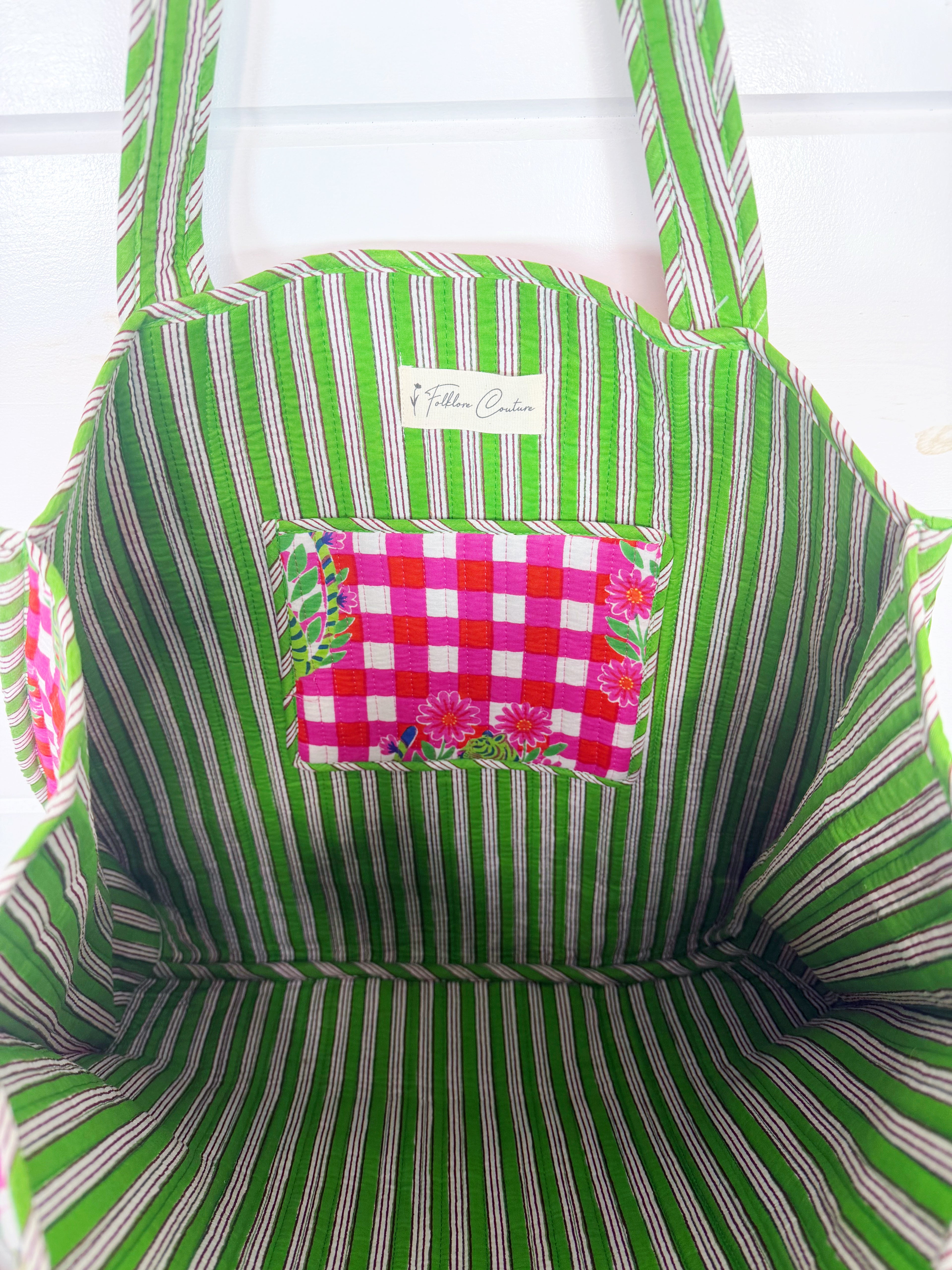 Large Quilted Travel Tote Bag - Pink Green Checkered Tiger Print