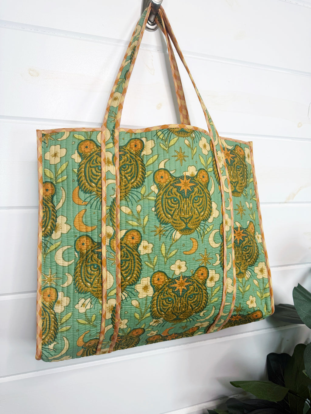 Quilted Cotton Reversible Large Tote Bag - Jade Celestial Tiger Print