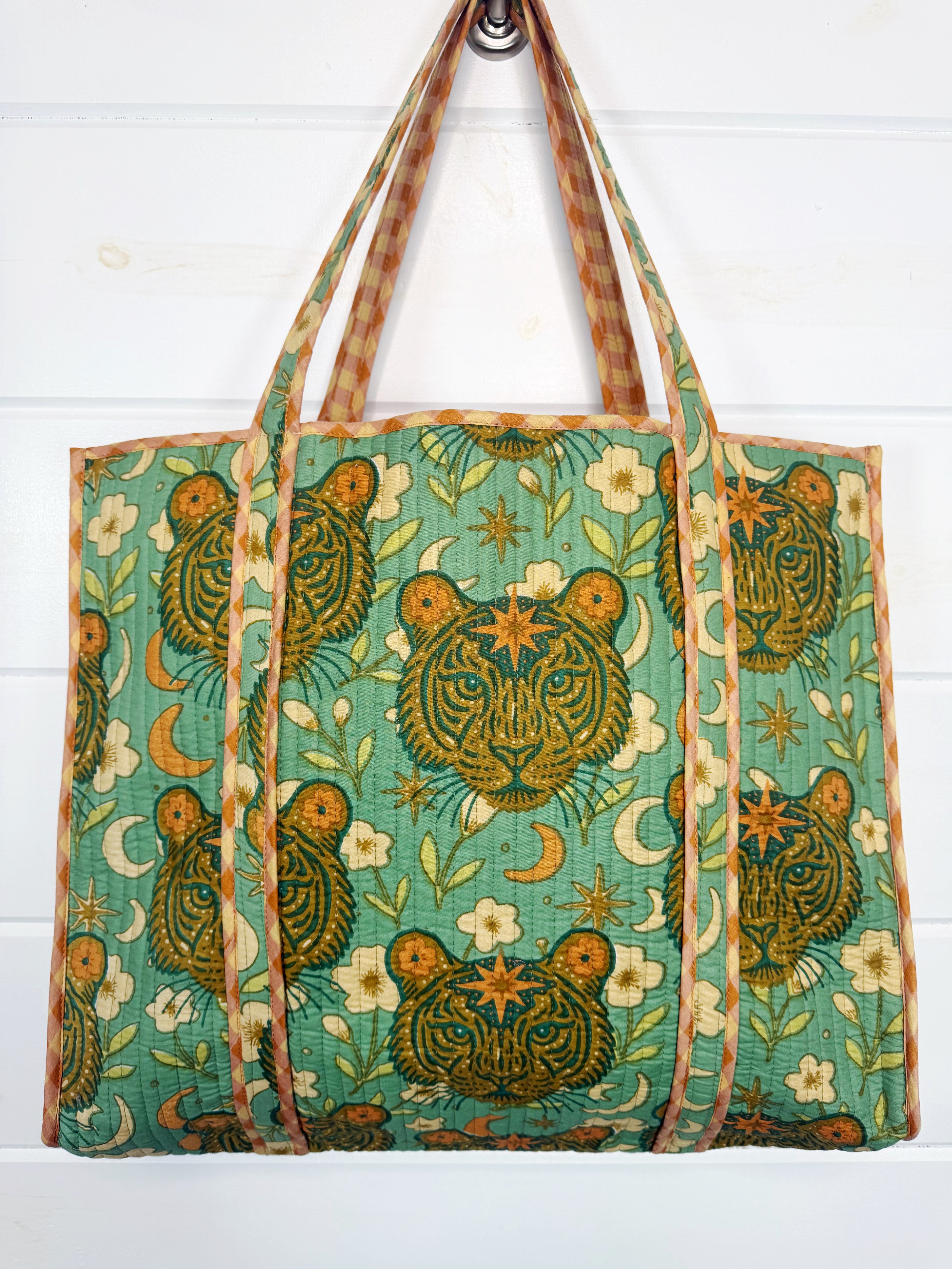 Quilted Cotton Reversible Large Tote Bag - Jade Celestial Tiger Print