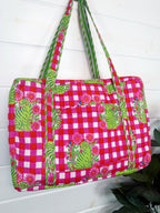 Quilted Overnight Bag - Pink Green Checkered Tiger Print