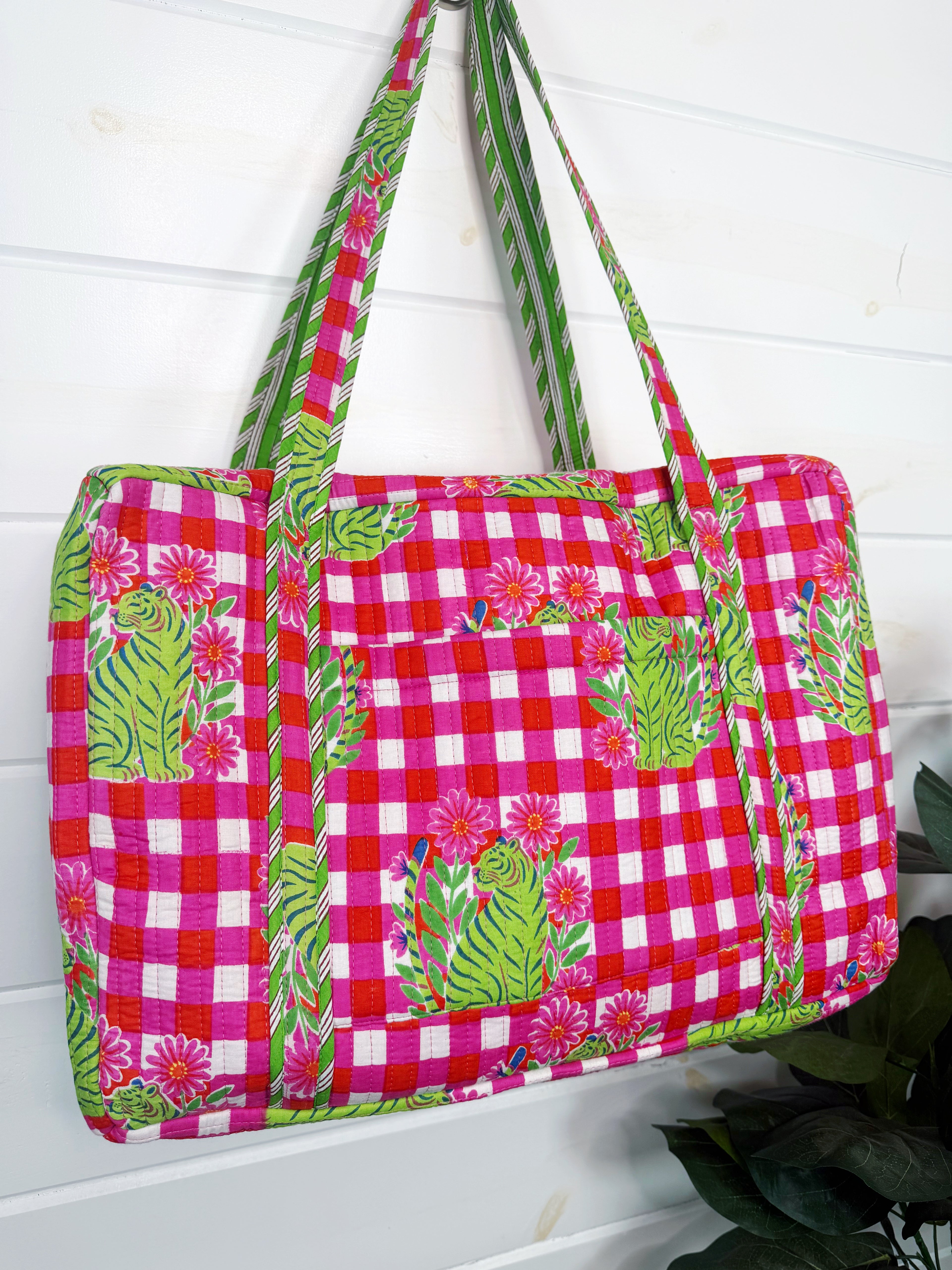 Quilted Overnight Bag - Pink Green Checkered Tiger Print
