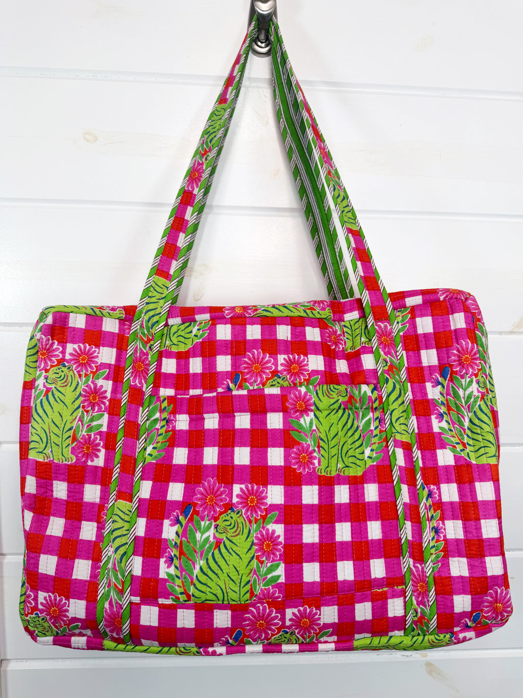Quilted Overnight Bag - Pink Green Checkered Tiger Print