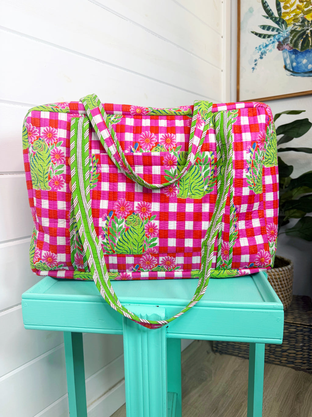 Quilted Overnight Bag - Pink Green Checkered Tiger Print