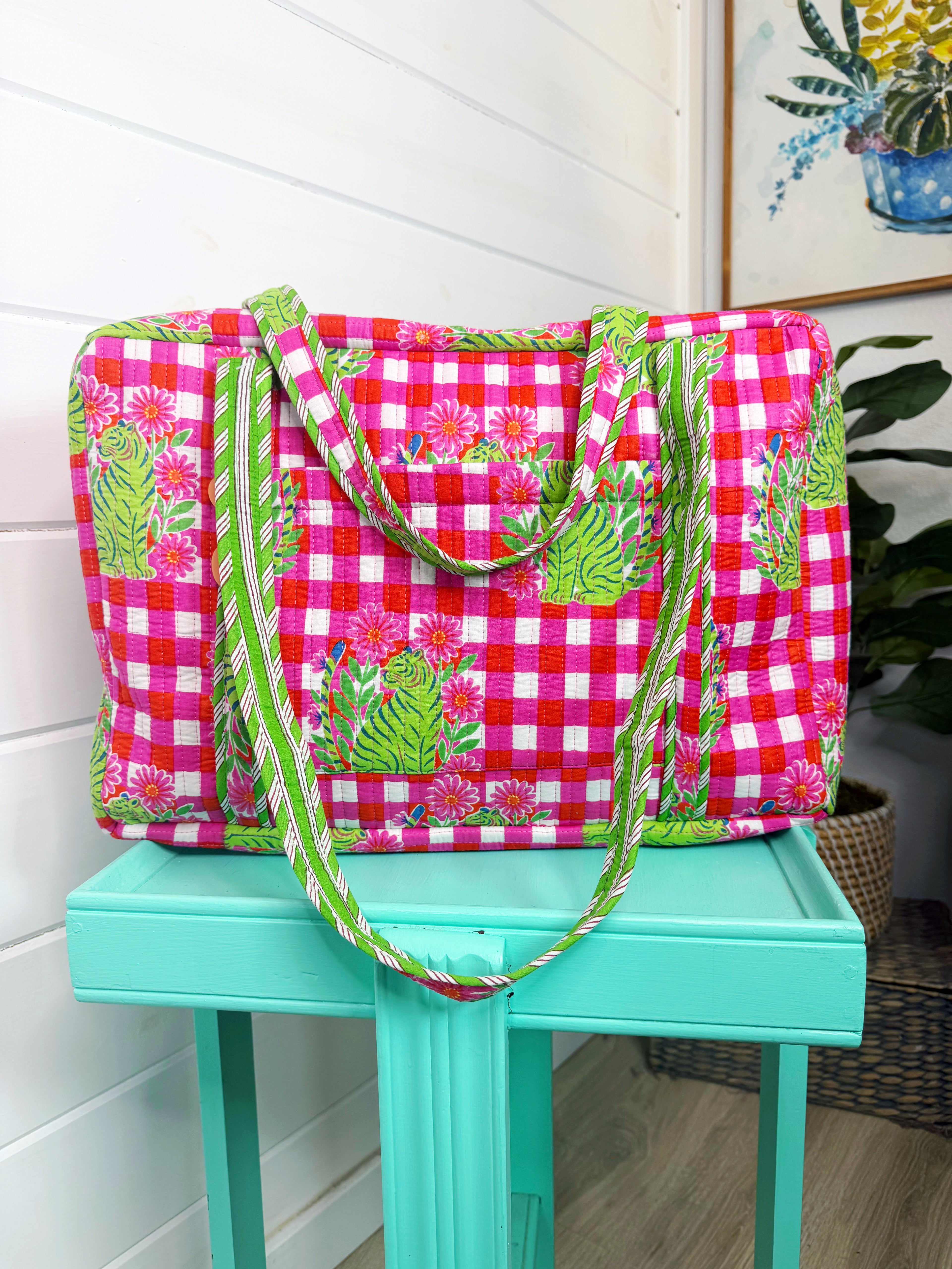 Quilted Overnight Bag - Pink Green Checkered Tiger Print