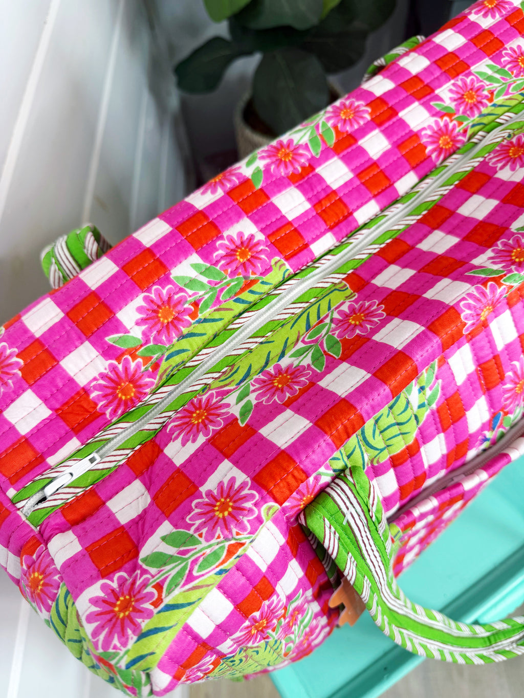 Quilted Overnight Bag - Pink Green Checkered Tiger Print