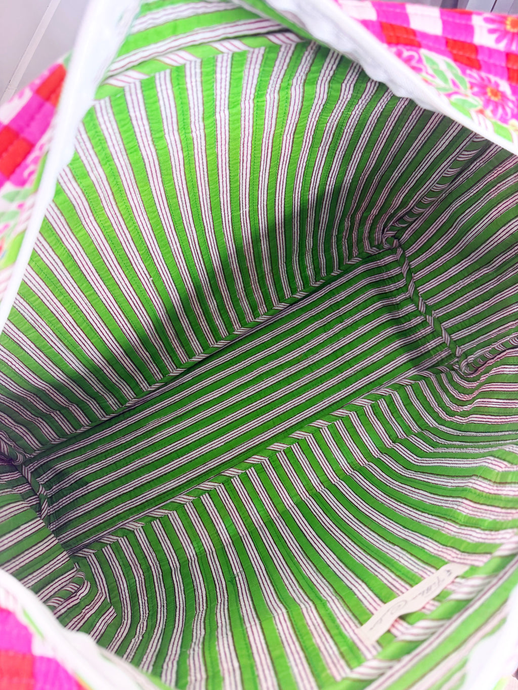 Quilted Overnight Bag - Pink Green Checkered Tiger Print