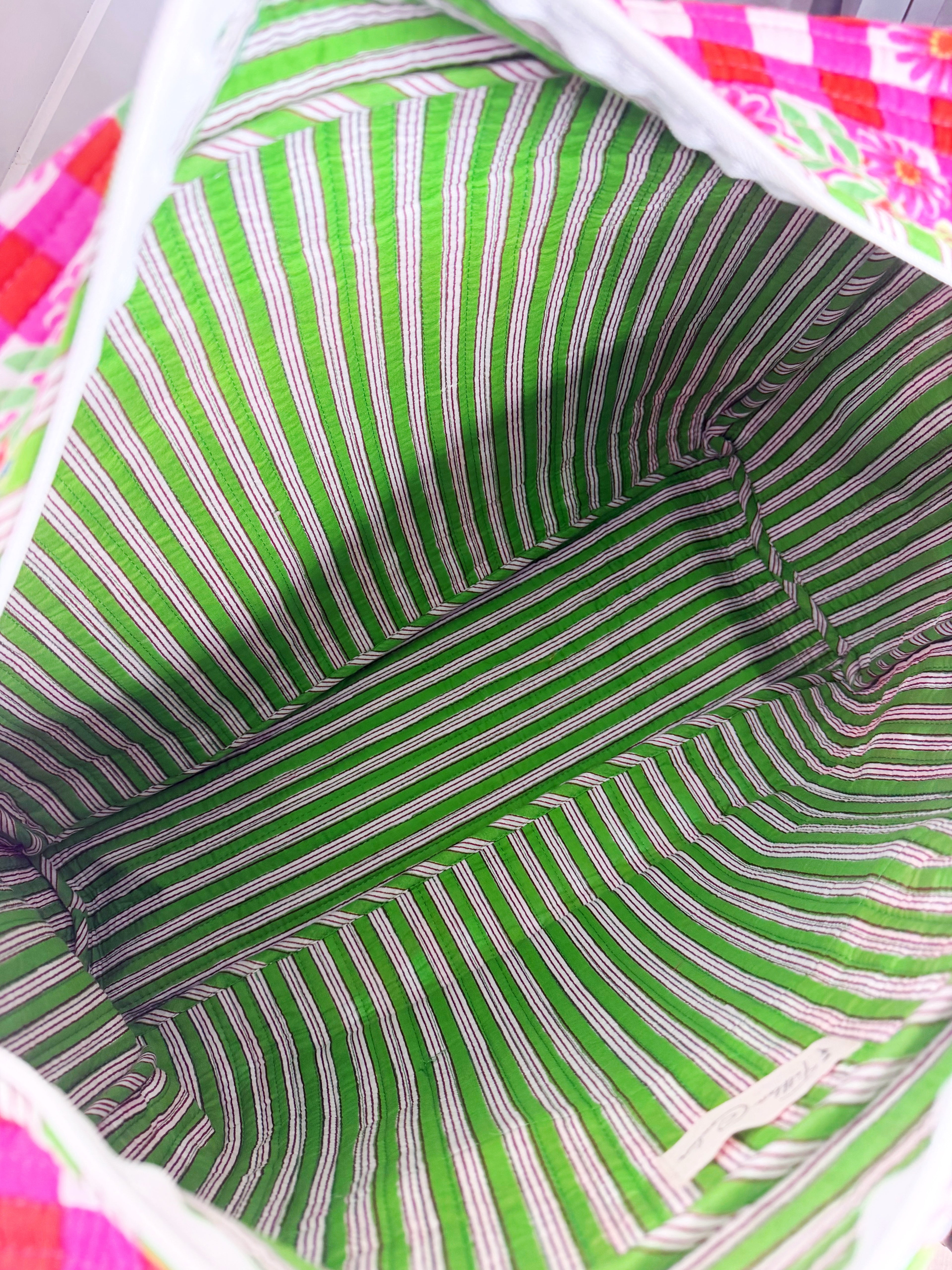 Quilted Overnight Bag - Pink Green Checkered Tiger Print