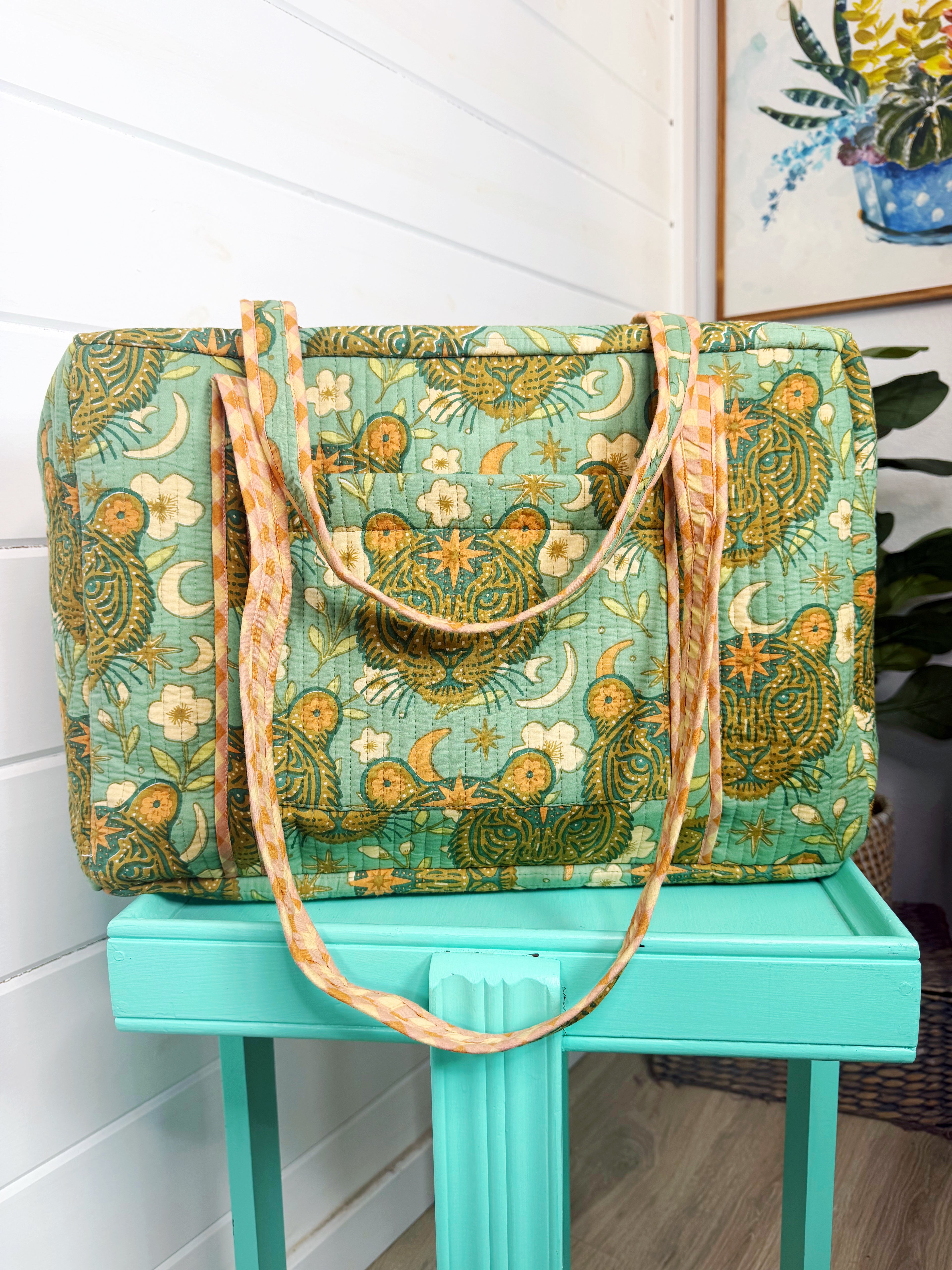 Quilted Weekender Duffle Overnight Bag - Jade Celestial Tiger Print