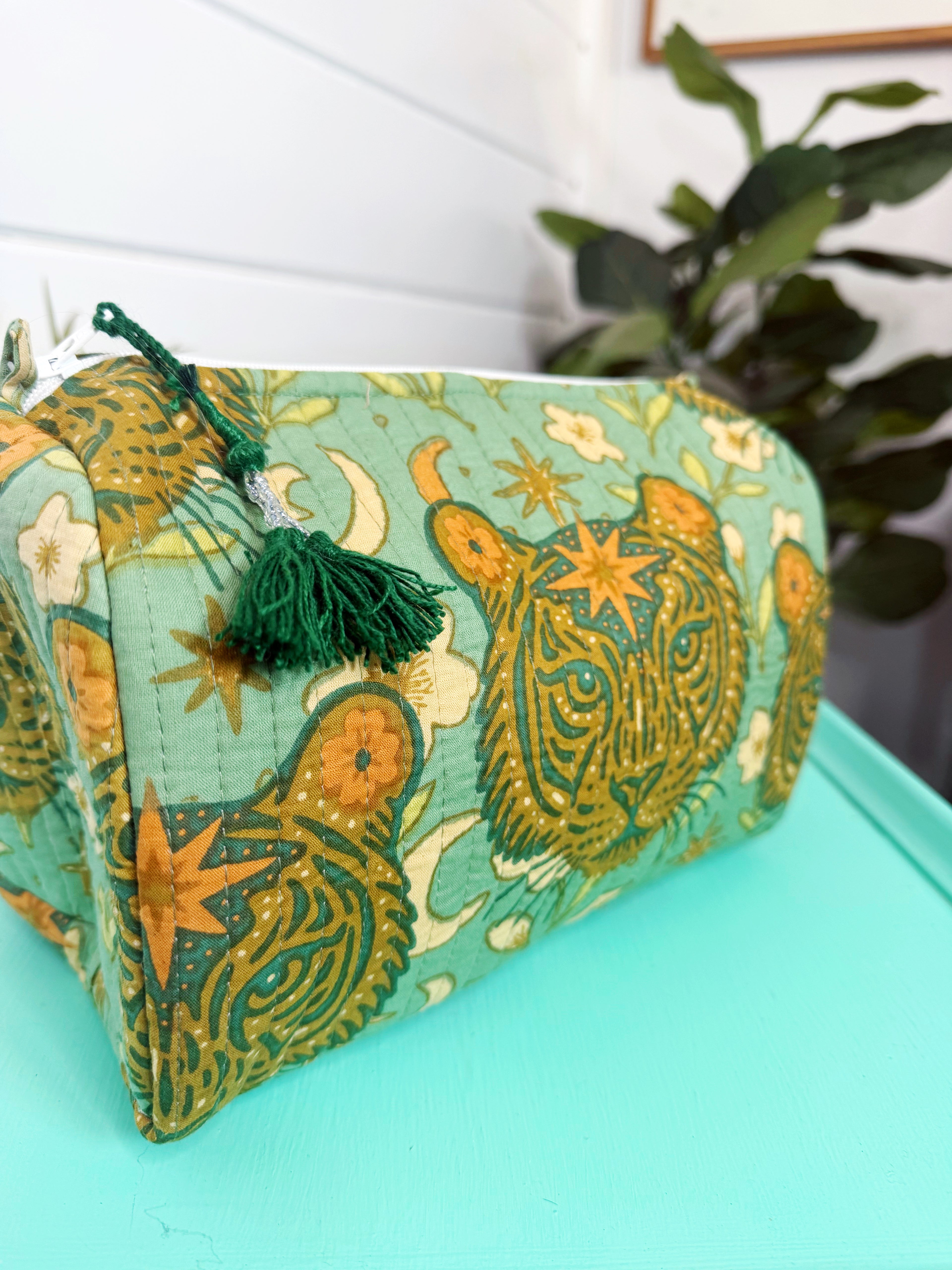 Quilted Makeup Cosmetics Toiletry Bag - Jade Celestial Tiger
