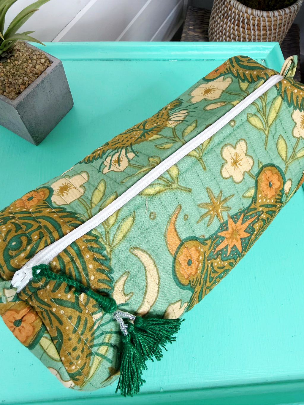 Quilted Makeup Cosmetics Toiletry Bag - Jade Celestial Tiger