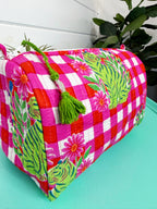 Quilted Makeup Cosmetics Toiletry Bag - Pink Green Checkered Tiger Print