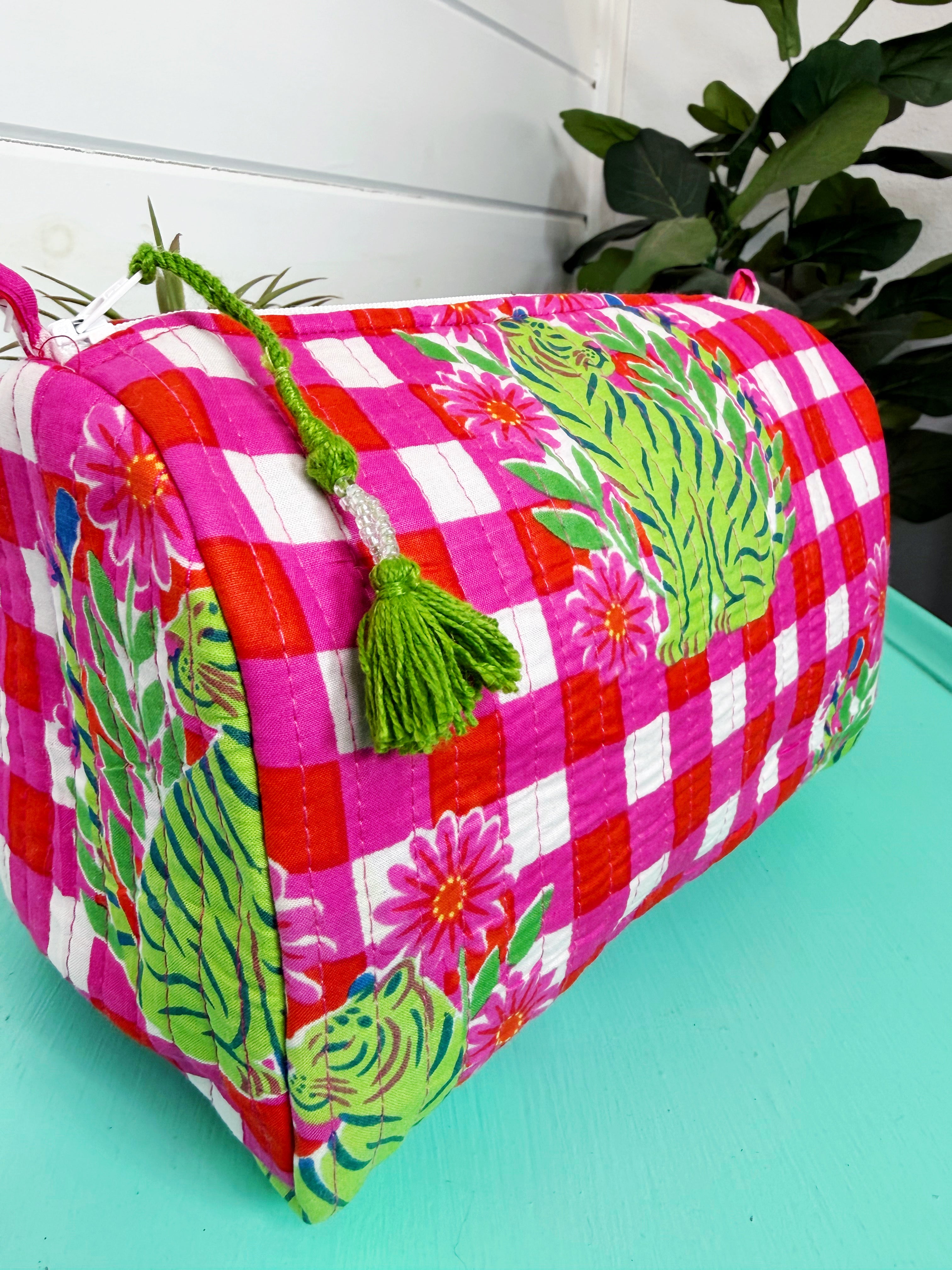 Quilted Makeup Cosmetics Toiletry Bag - Pink Green Checkered Tiger Print