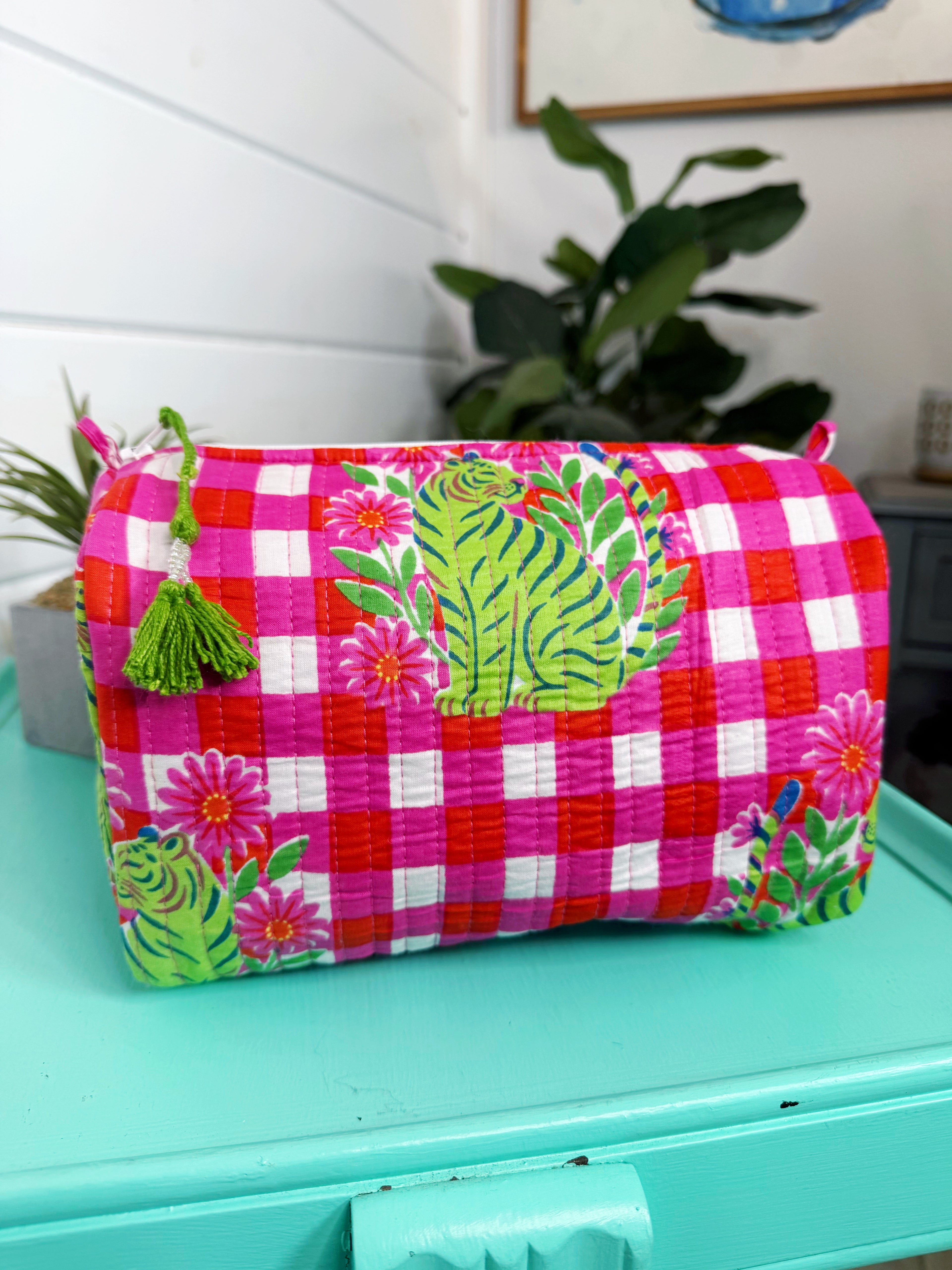 Quilted Makeup Cosmetics Toiletry Bag - Pink Green Checkered Tiger Print