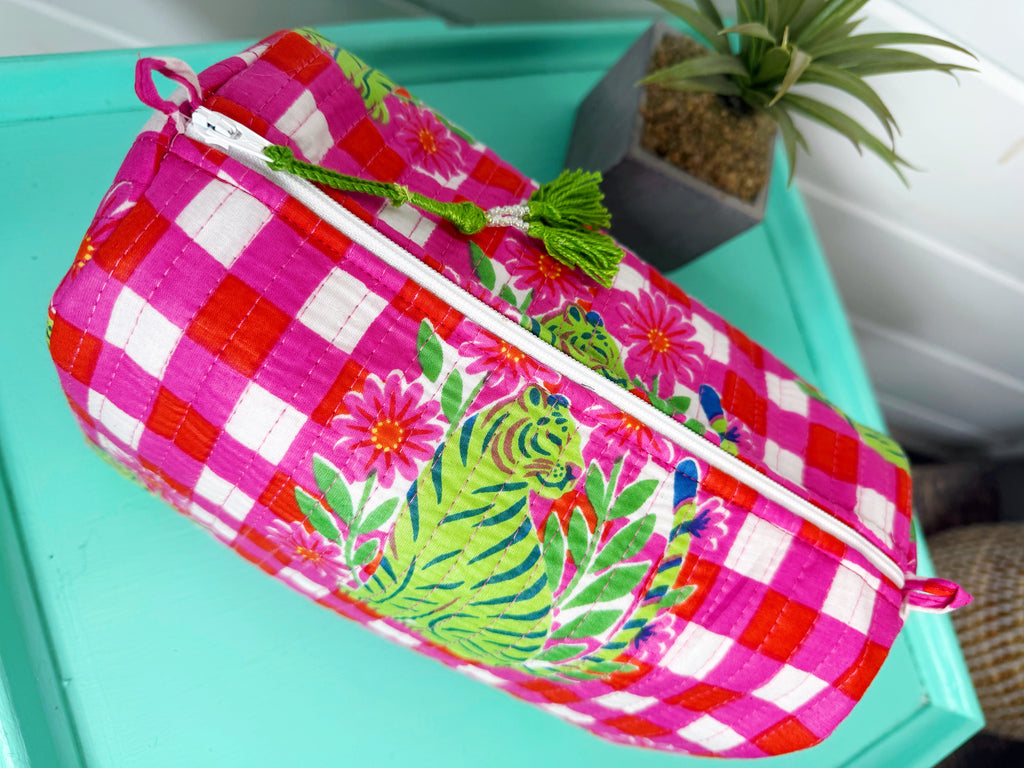 Quilted Makeup Cosmetics Toiletry Bag - Pink Green Checkered Tiger Print