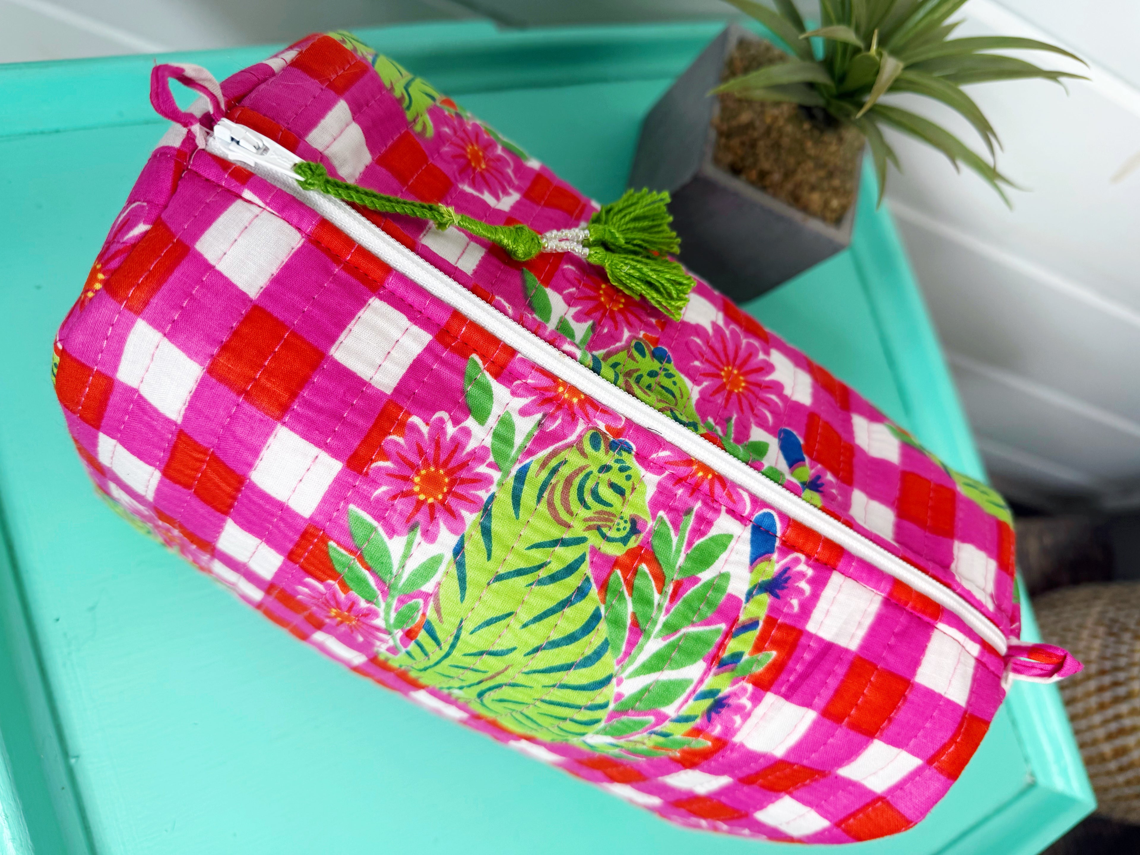 Quilted Makeup Cosmetics Toiletry Bag - Pink Green Checkered Tiger Print