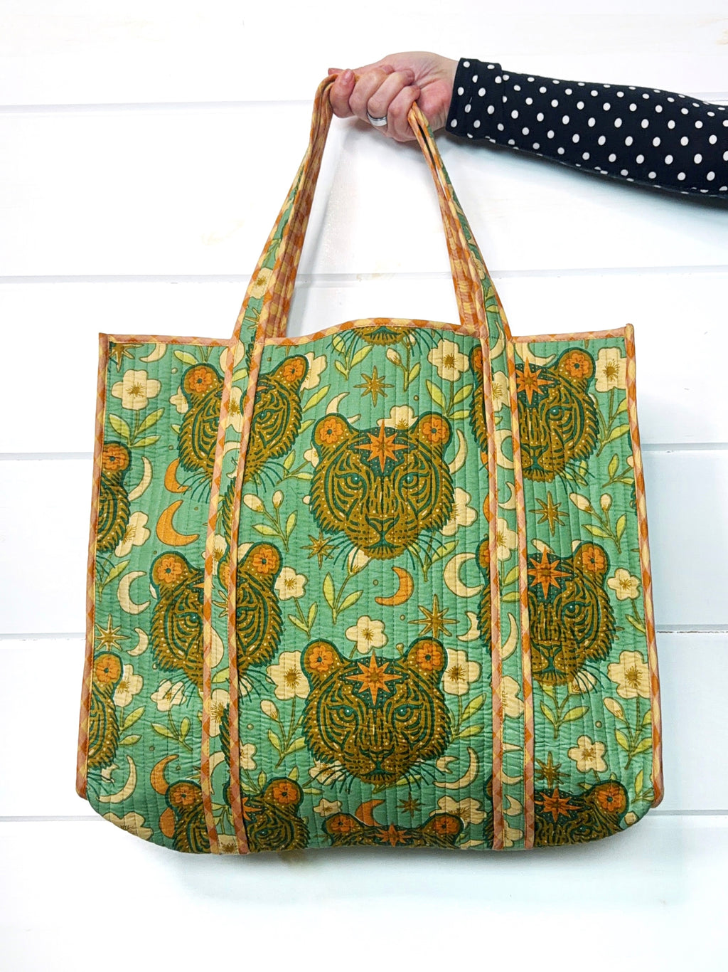 Quilted Cotton Reversible Large Tote Bag - Jade Celestial Tiger Print