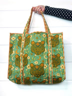Quilted Cotton Reversible Large Tote Bag - Jade Celestial Tiger Print