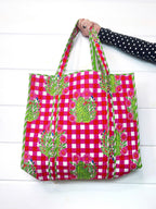 Large Quilted Travel Tote Bag - Pink Green Checkered Tiger Print