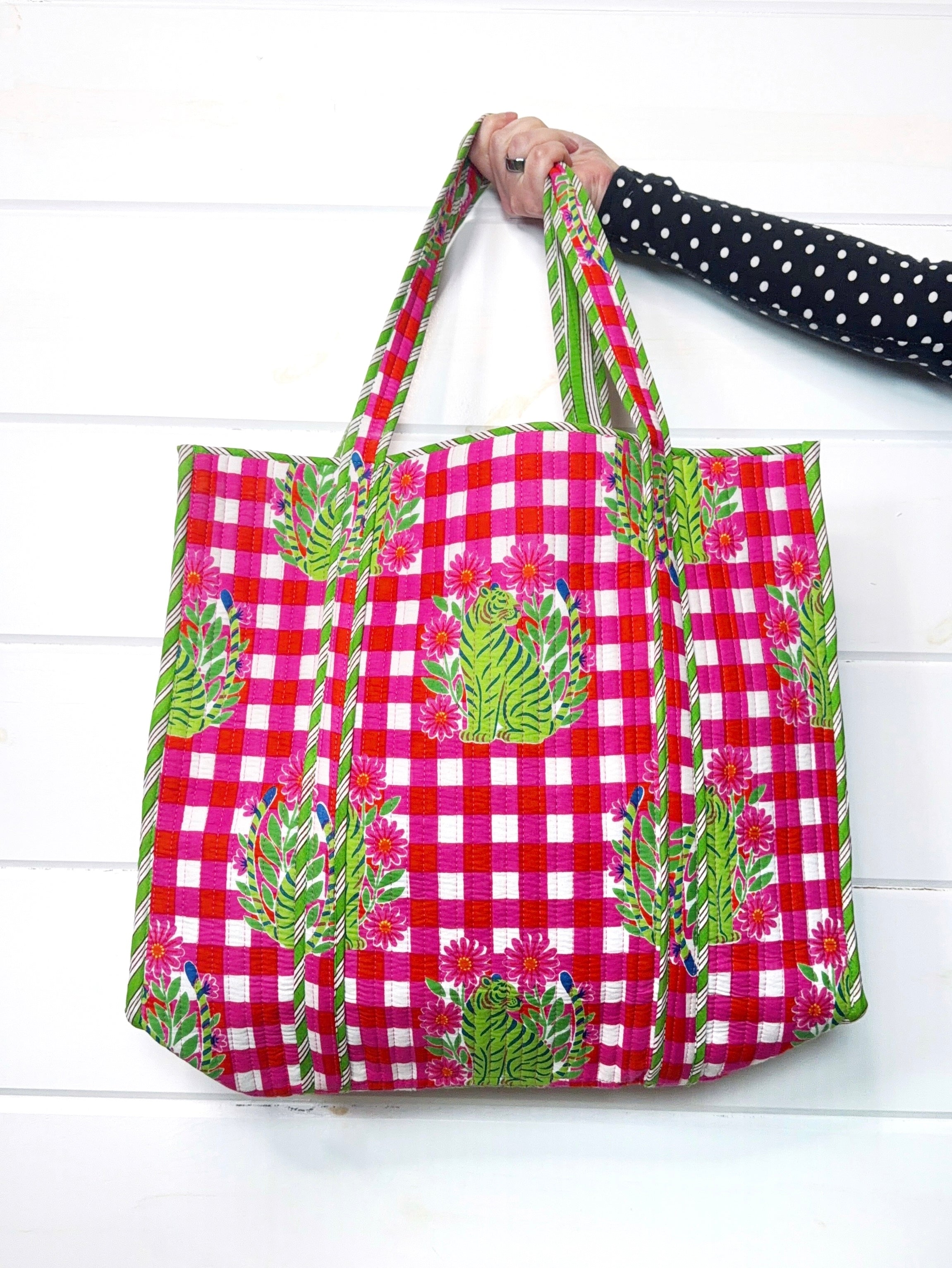 Large Quilted Travel Tote Bag - Pink Green Checkered Tiger Print