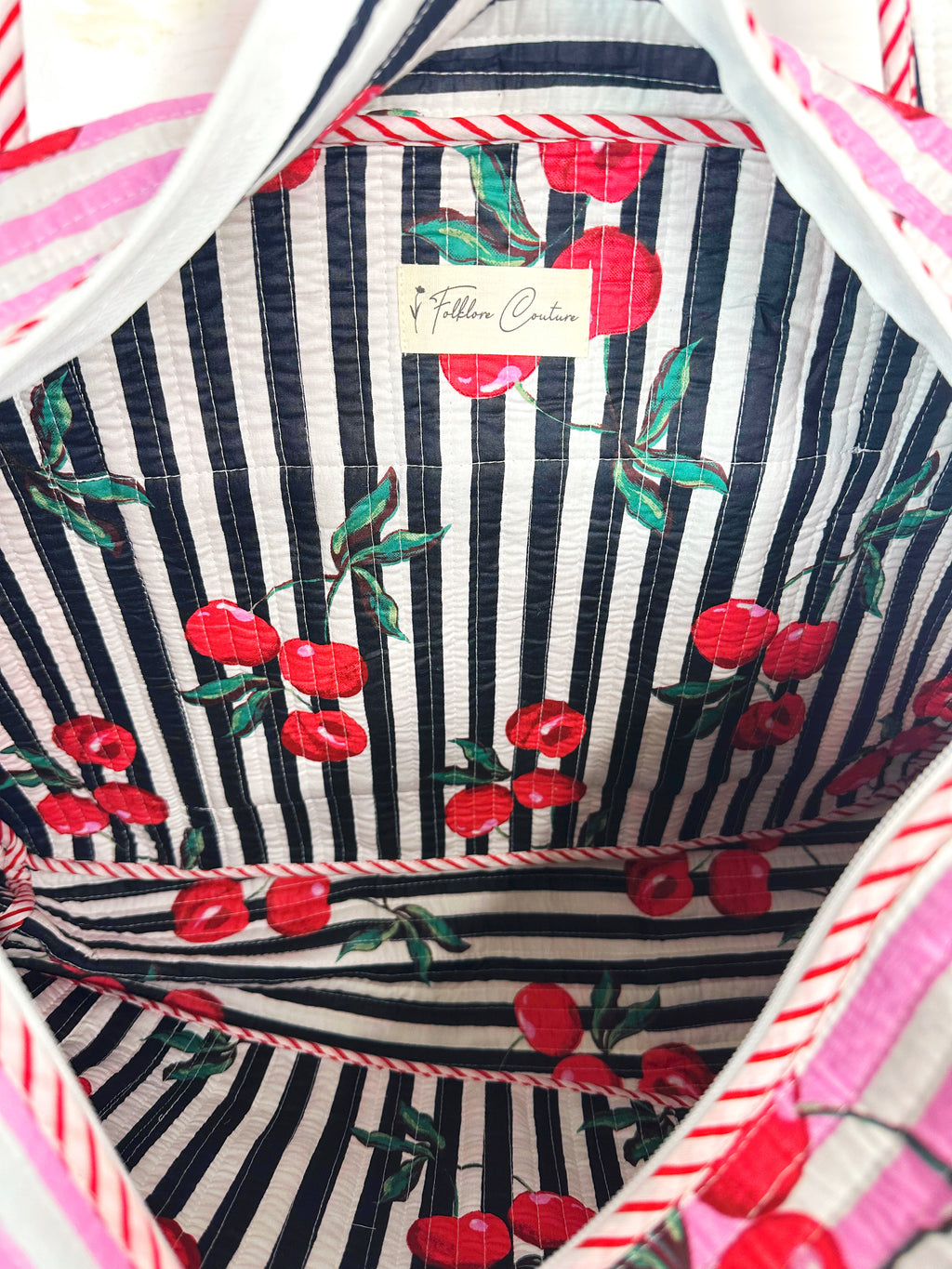 Pink Cherry Print Quilted Weekender Overnight Bag