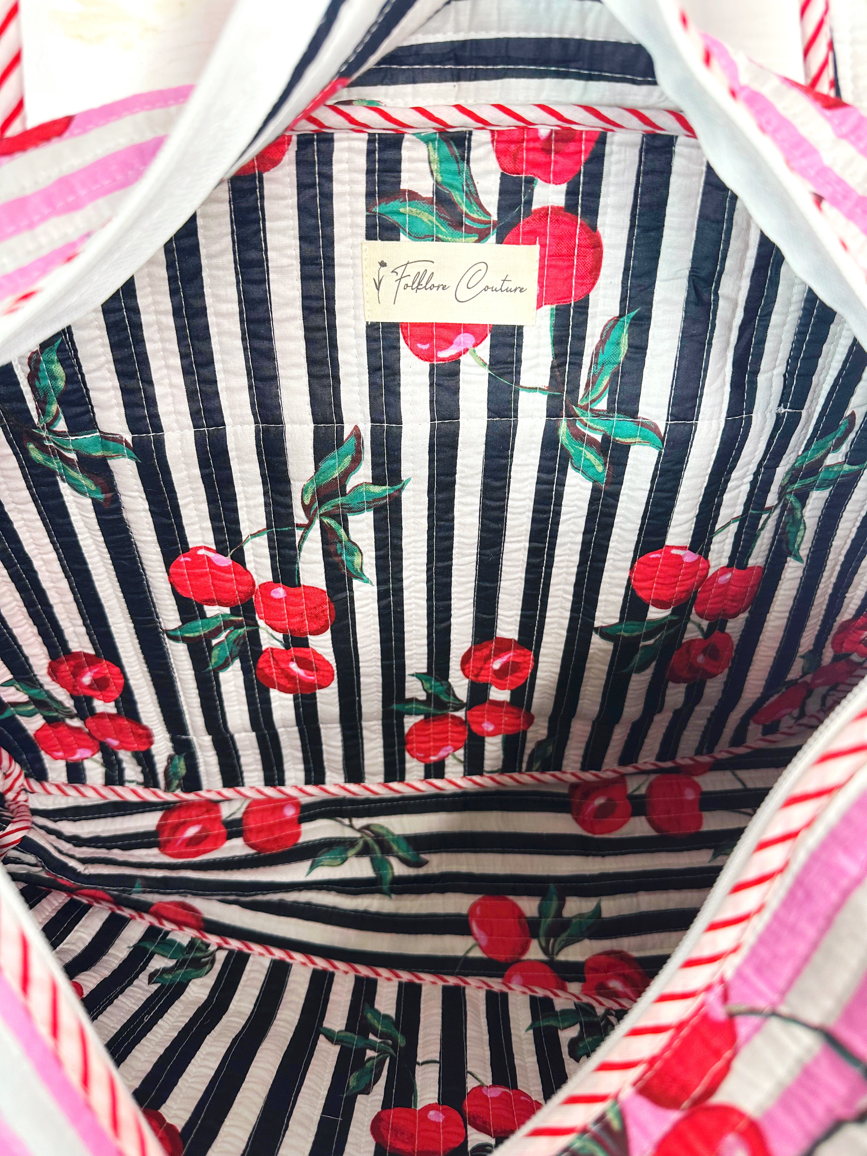 Pink Cherry Print Quilted Weekender Overnight Bag