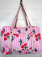 Pink Cherry Print Quilted Weekender Overnight Bag
