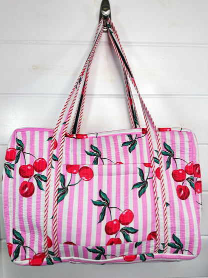 Pink Cherry Print Quilted Weekender Overnight Bag