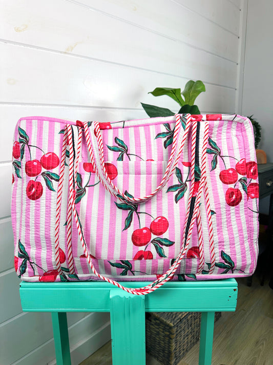 Pink Cherry Print Quilted Weekender Overnight Bag