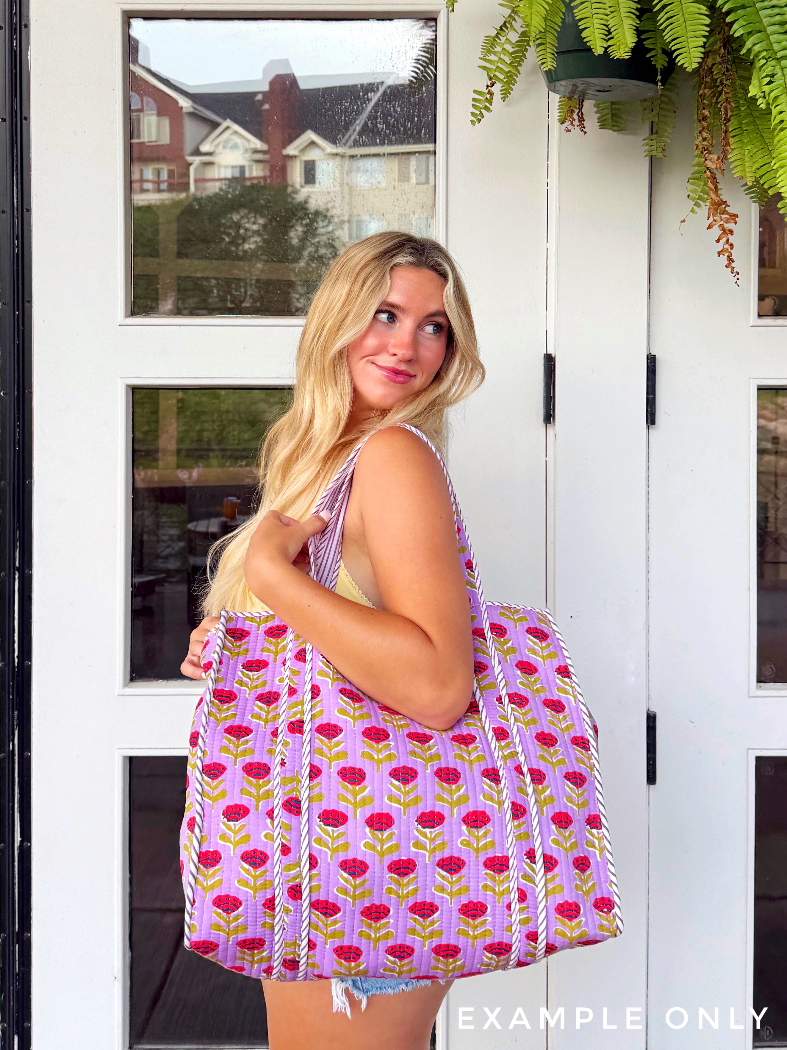 Orange Tropical Southern Town Print Quilted Cotton Reversible Large Tote Bag