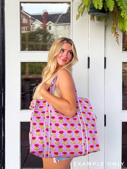 Orange Tropical Southern Town Print Quilted Cotton Reversible Large Tote Bag