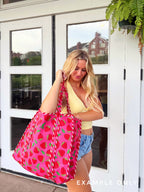 Blue and Red Strawberry Print Quilted Cotton Tote Bag
