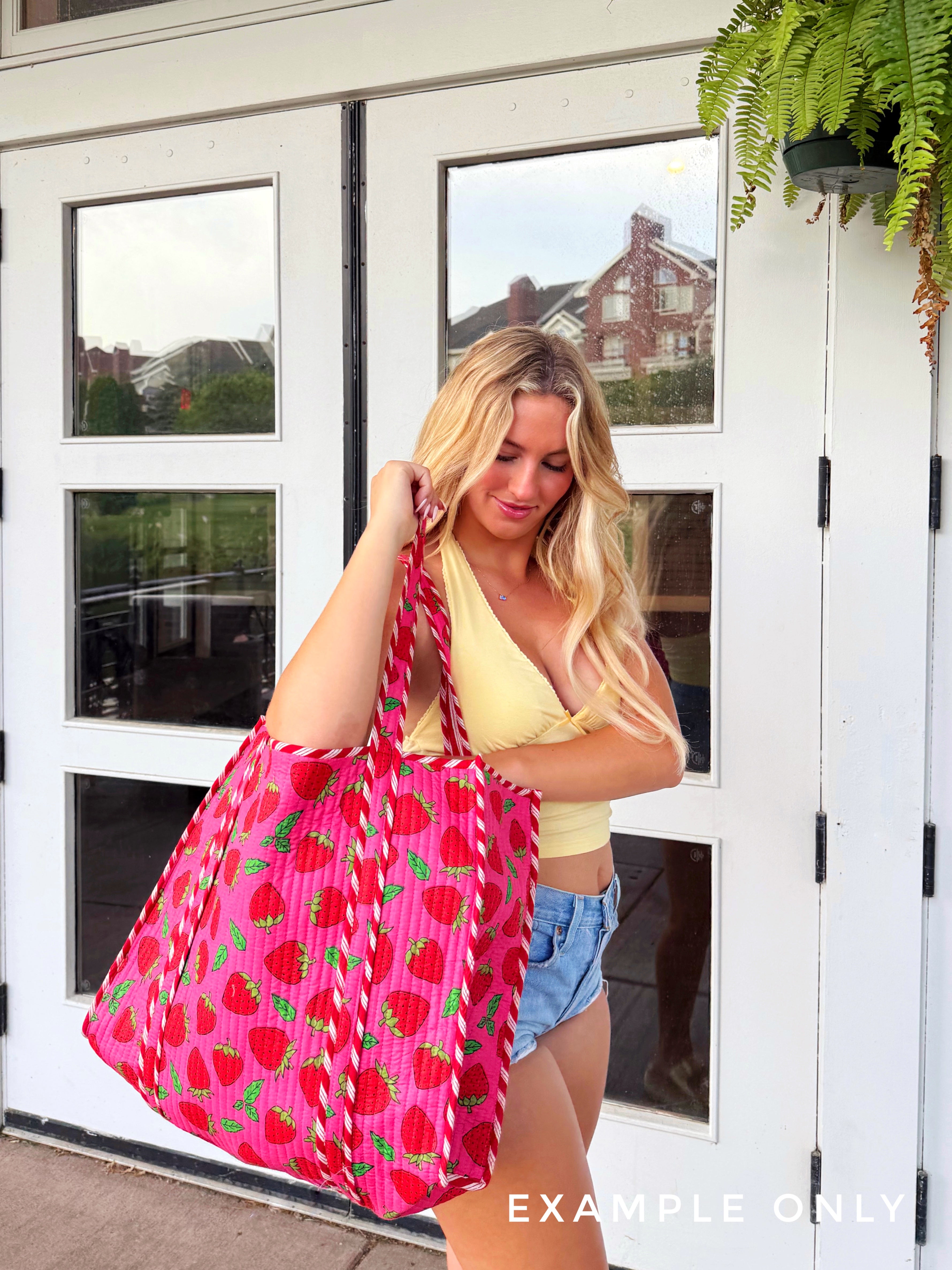Blue and Red Strawberry Print Quilted Cotton Tote Bag